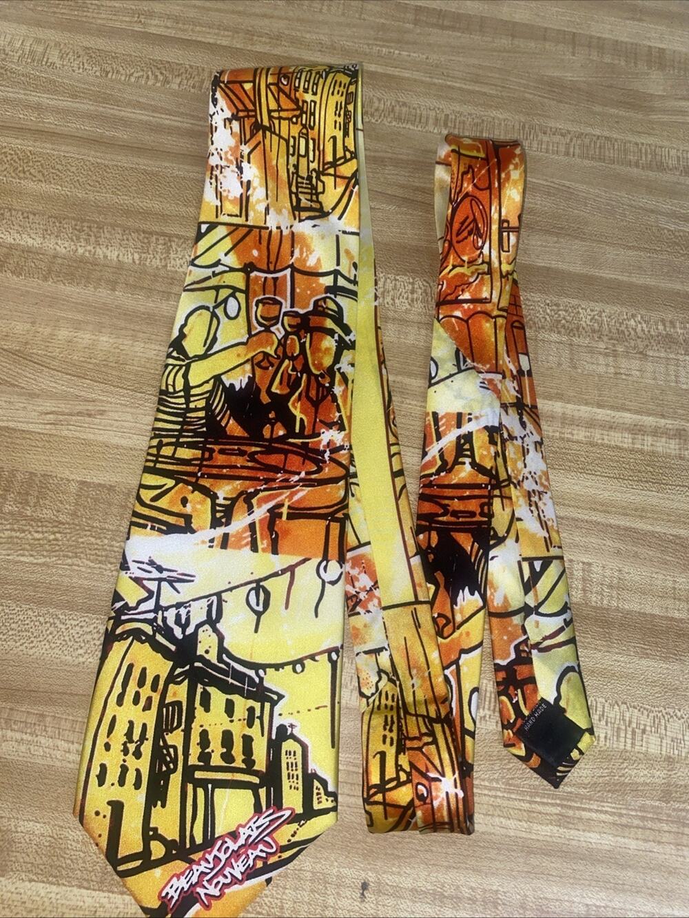 Georges Duboeuf Cafe City Yellow Orange 100% Silk Tie Beaujolais Nouveau